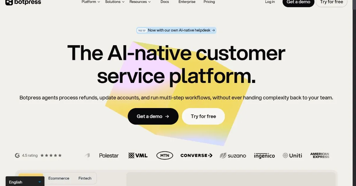 Botpress homepage showing an AI-native customer service platform