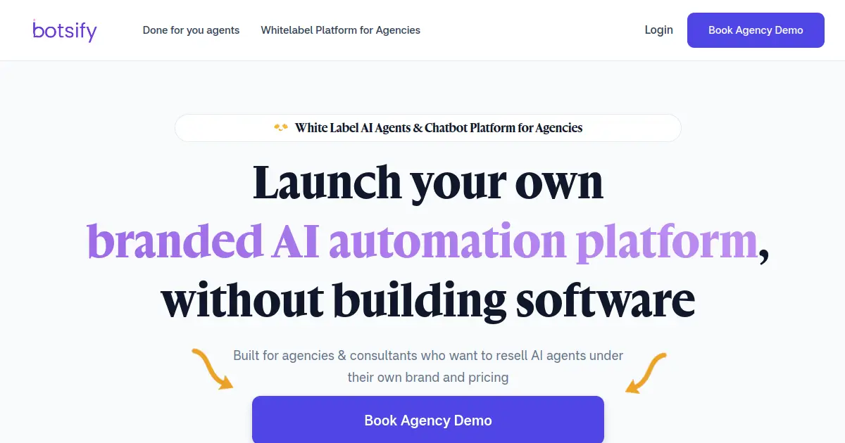 Botsify homepage showing white-label AI agents and chatbot platform for agencies