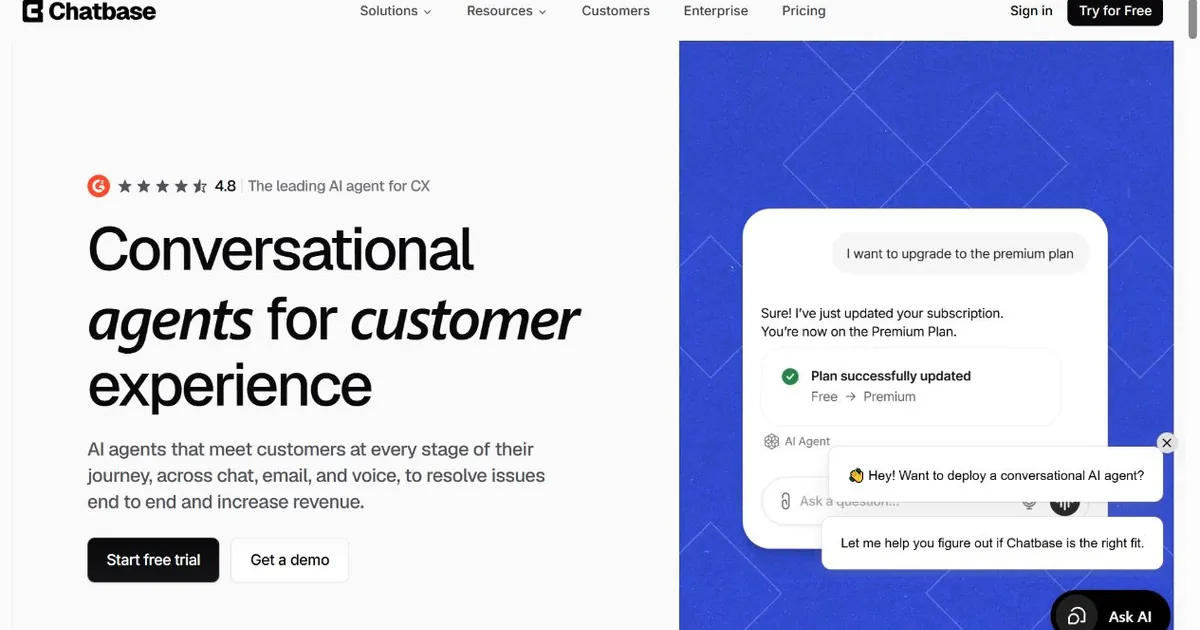 Chatbase homepage hero showing conversational AI agents for customer experience
