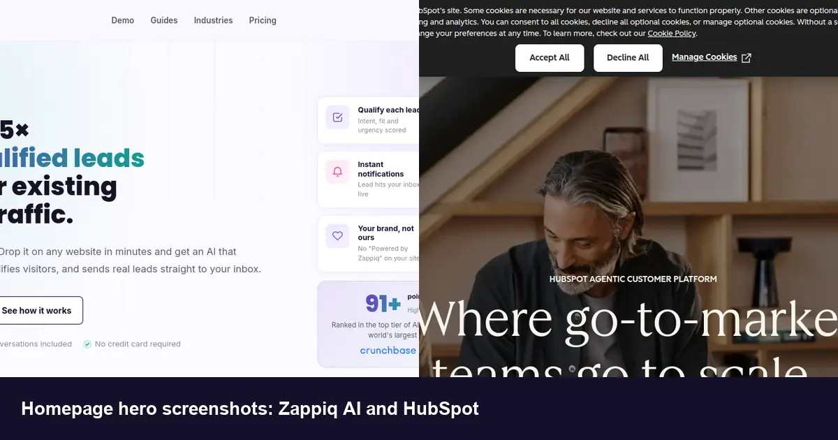 Side-by-side homepage hero screenshots of chatbot and lead-capture platforms