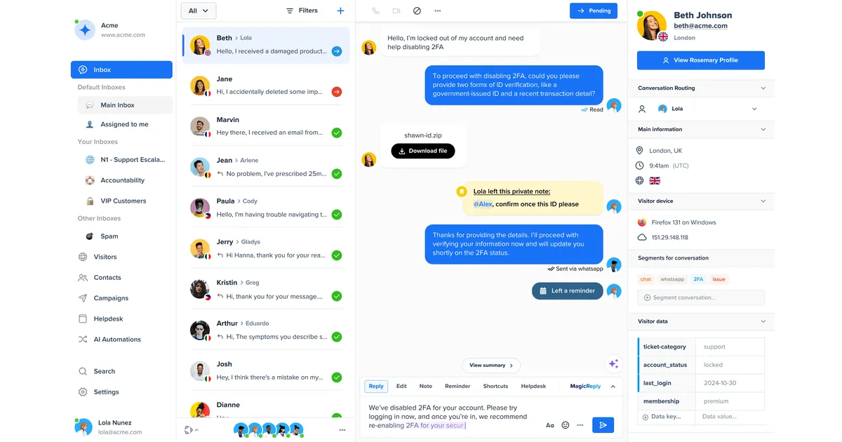 Crisp chat shared inbox homepage showing live chat, email, and social messaging in one view