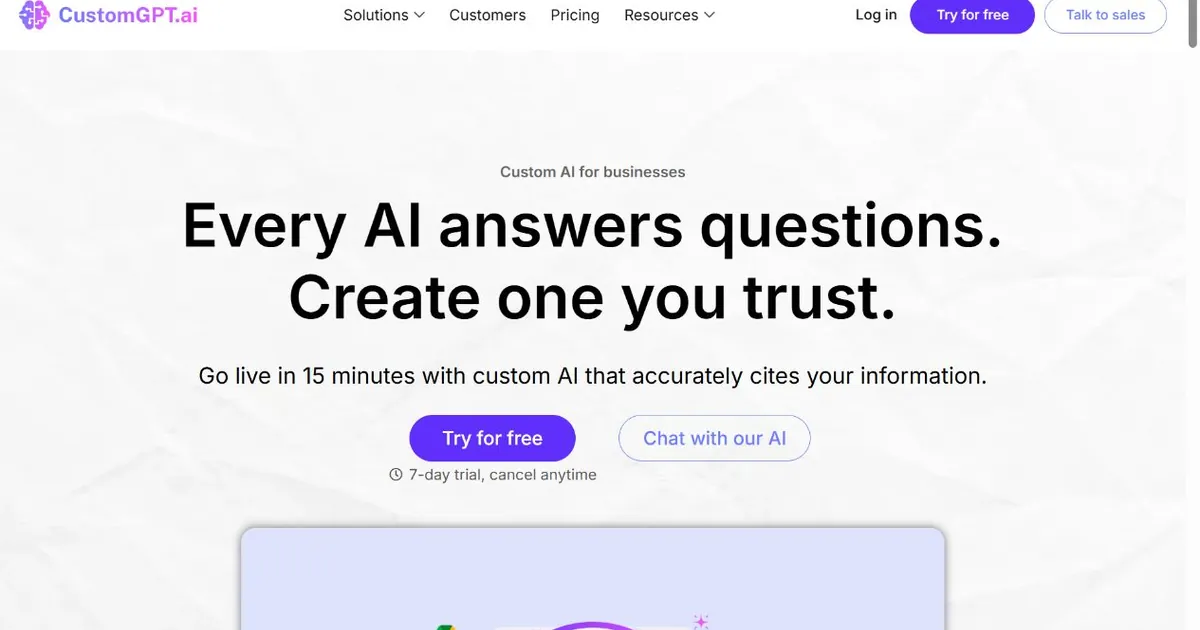 CustomGPT.ai homepage showing a trusted custom AI knowledge-base chatbot