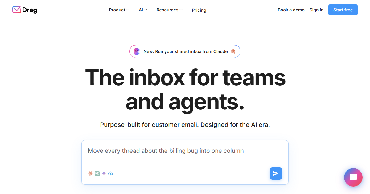 Drag homepage hero showing a Gmail-native shared inbox for teams and agents