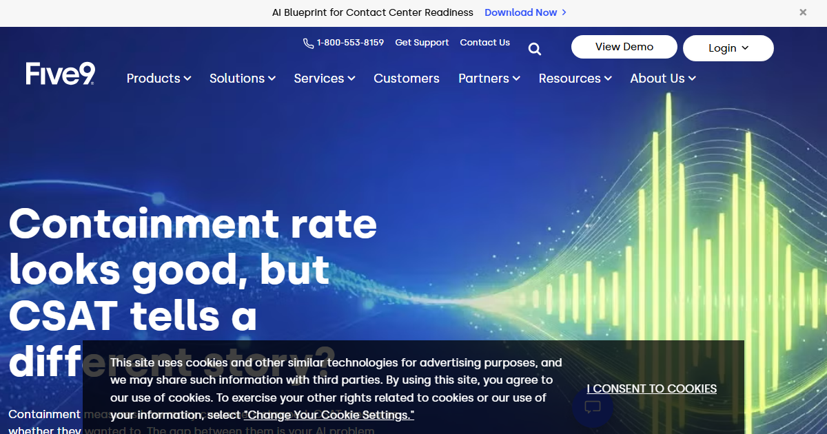 Five9 homepage hero showing Voice AI Agents and enterprise contact center automation
