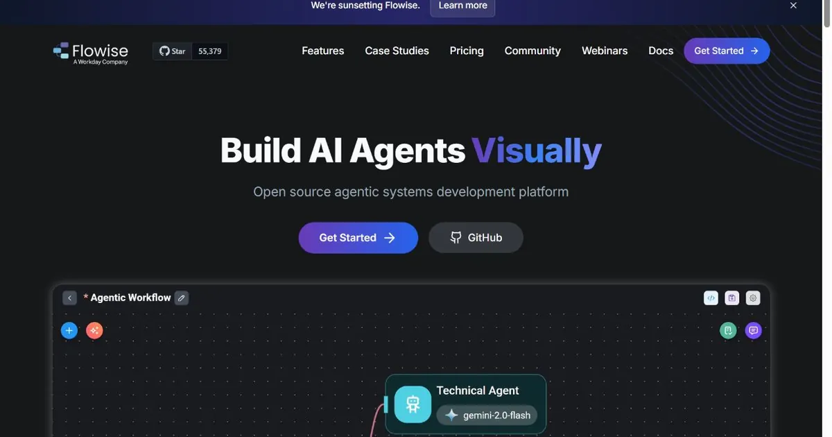 Flowise homepage showing a visual builder for LLM workflows and AI agents