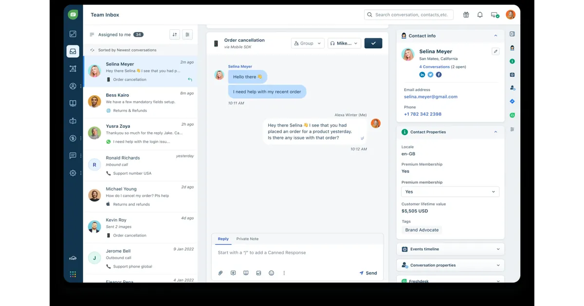 Freshchat homepage showing omnichannel AI messaging platform with Freddy AI for support teams