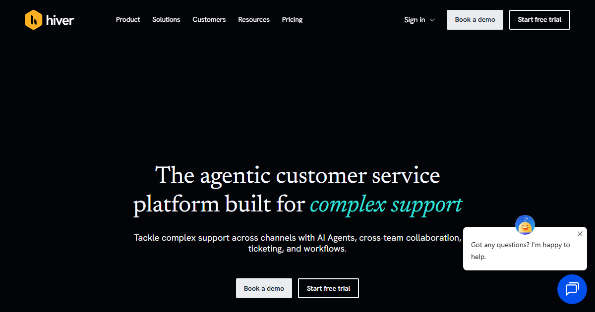 Hiver homepage hero showing a shared inbox and customer support workspace