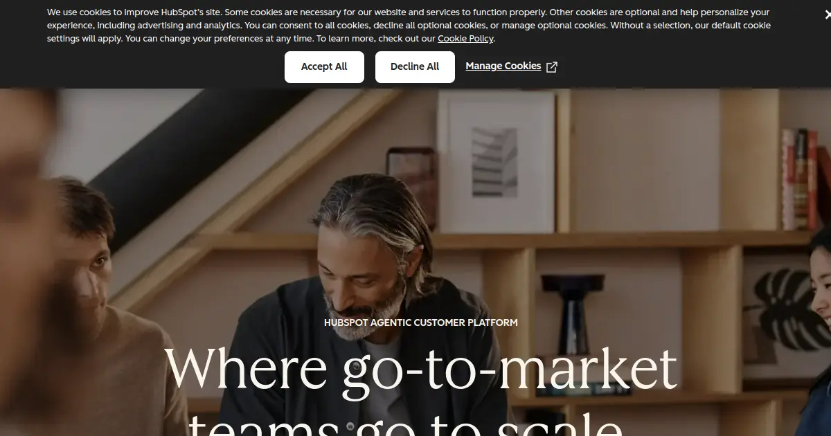 HubSpot homepage hero showing CRM and customer-engagement software
