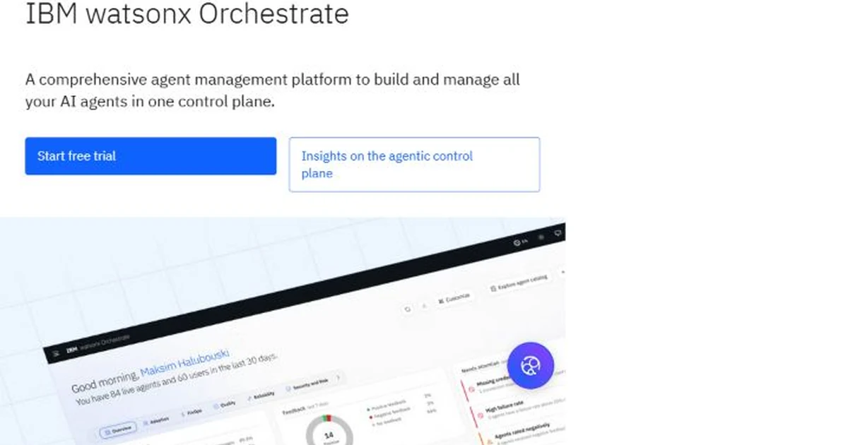 IBM watsonx homepage hero showing enterprise AI agent orchestration