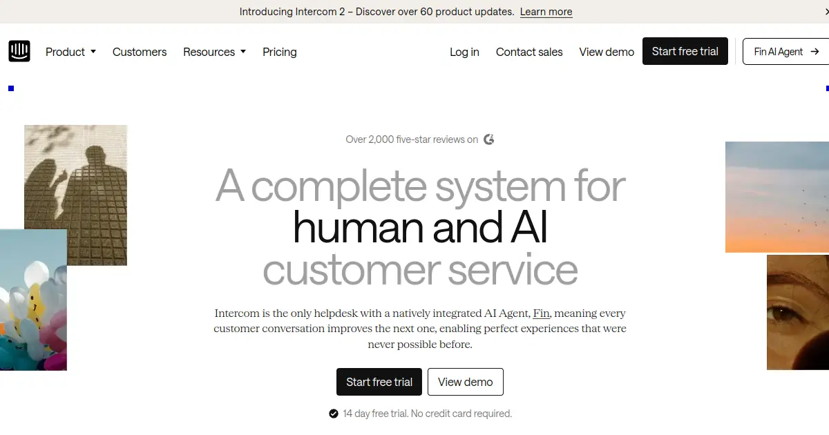 Intercom homepage showing Fin AI and customer engagement platform for SaaS businesses