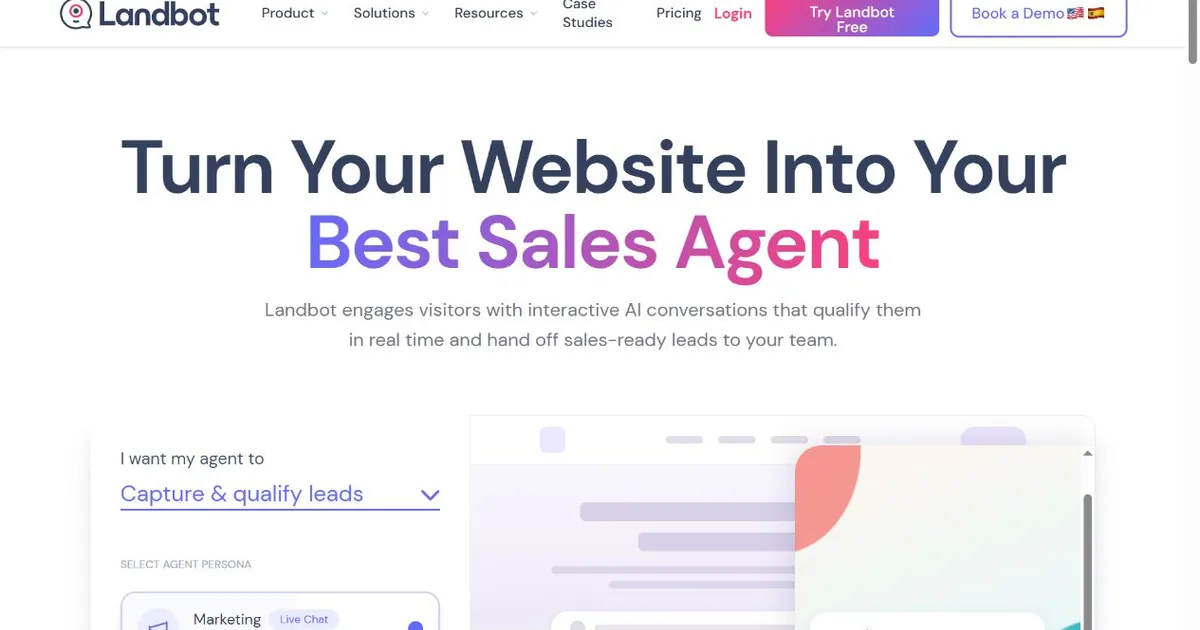 Landbot homepage showing a visual chatbot builder for qualifying website leads