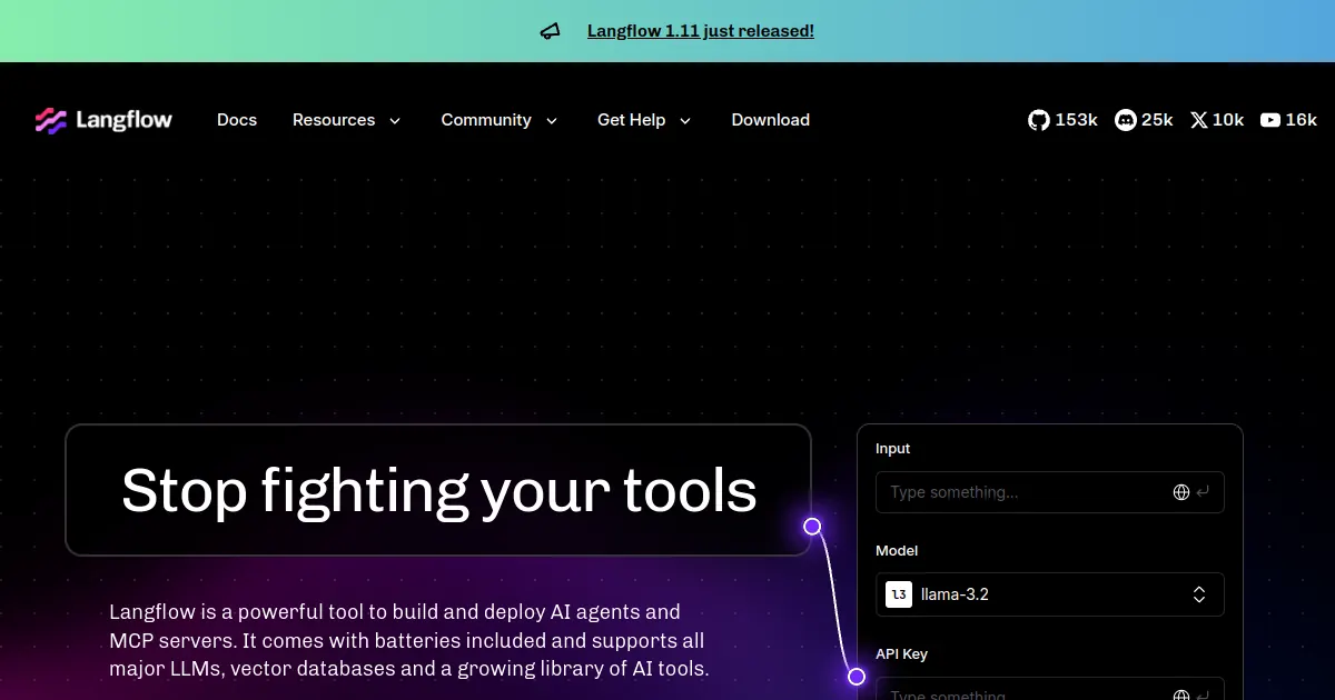Langflow visual AI workflow builder for LLM agents and RAG pipelines