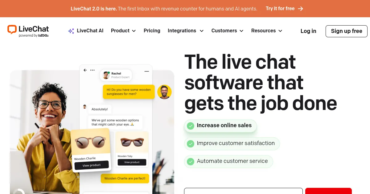 LiveChat agent interface with ticketing, integrations, and reporting