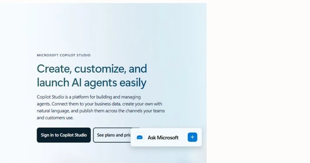 Microsoft Copilot Studio homepage showing no-code AI agent building