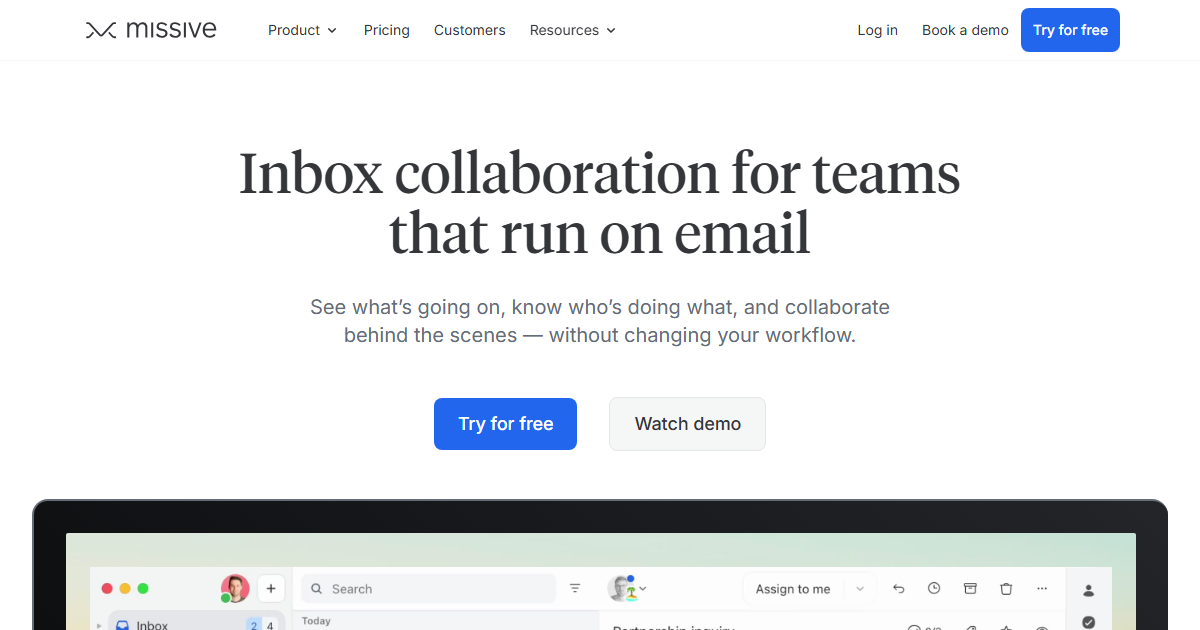 Missive homepage hero showing collaborative team inbox and shared conversations