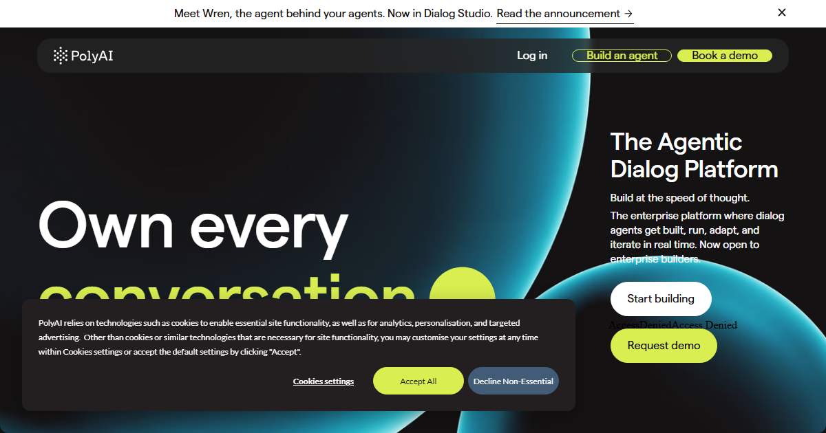 PolyAI homepage hero showing conversational voice AI for enterprise customer service