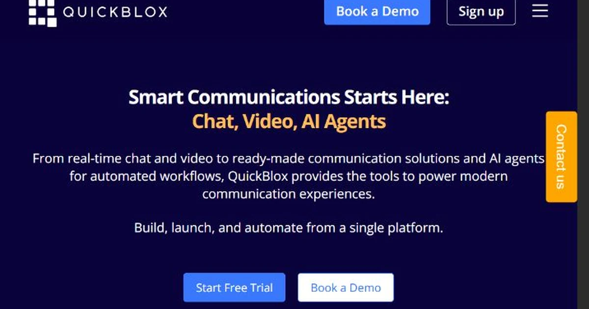 QuickBlox homepage hero showing AI agents and workflow automation