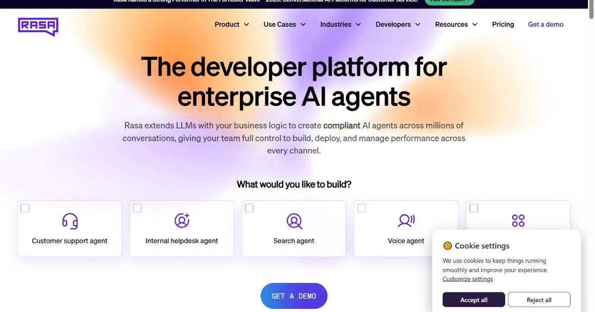 Rasa homepage showing an enterprise conversational AI platform for developers