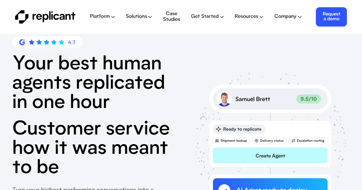 Replicant homepage hero showing AI voice agents for contact centers