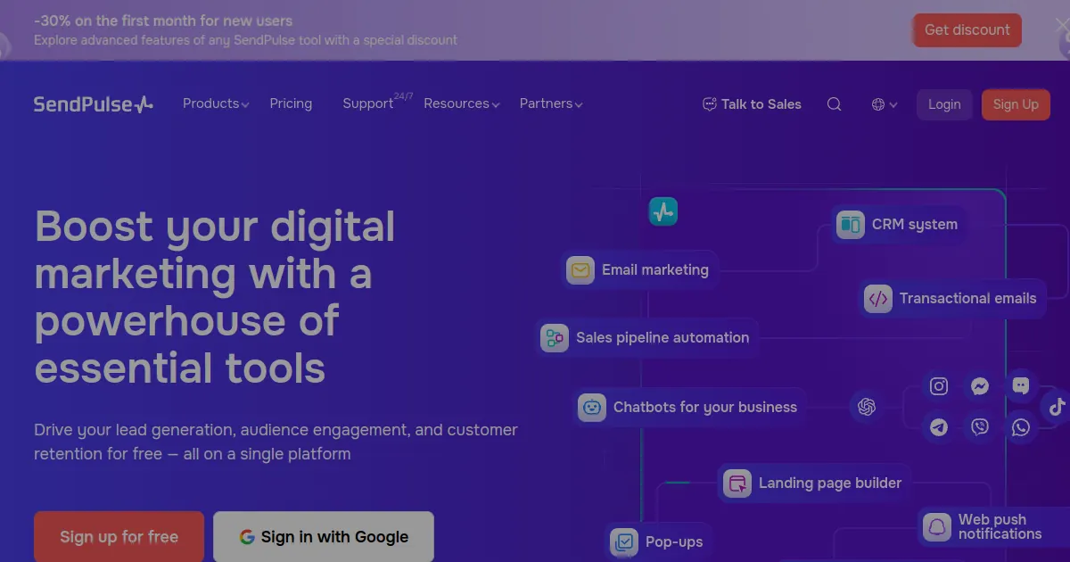 SendPulse multichannel marketing platform with email, chatbot, and CRM tools