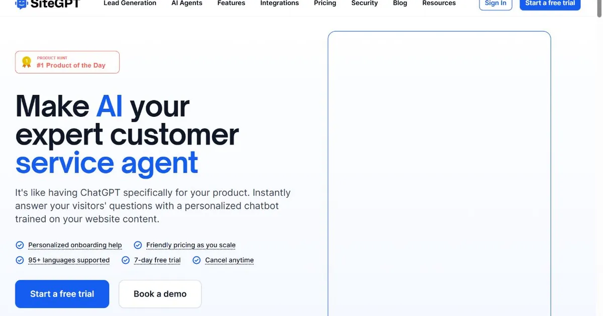 SiteGPT homepage showing an AI customer service agent trained on website content
