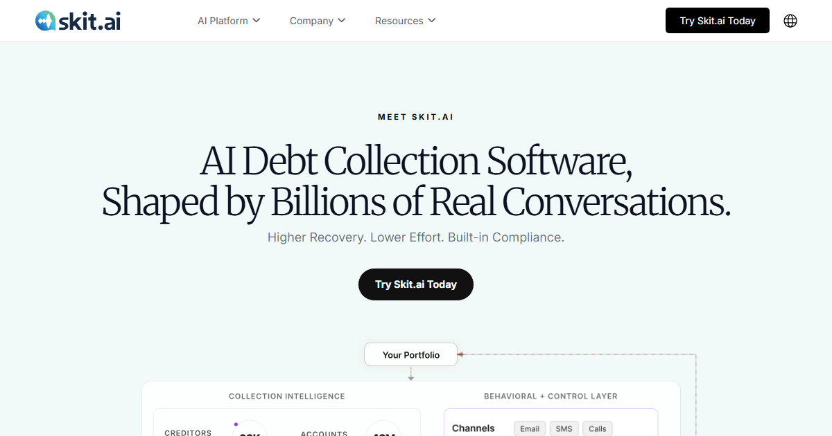 Skit.ai homepage hero showing conversational AI for debt collection and customer service