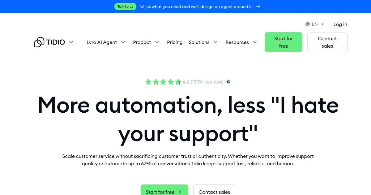Tidio homepage hero showing AI customer service and chatbot messaging
