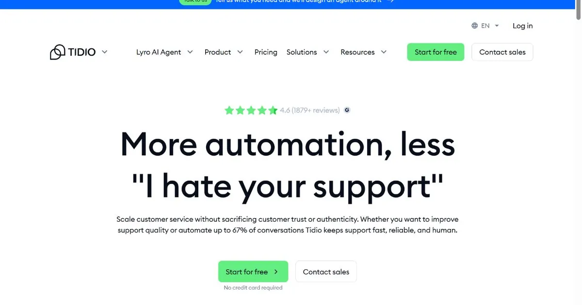 Tidio homepage showing live chat and Lyro AI chatbot for ecommerce and Shopify stores