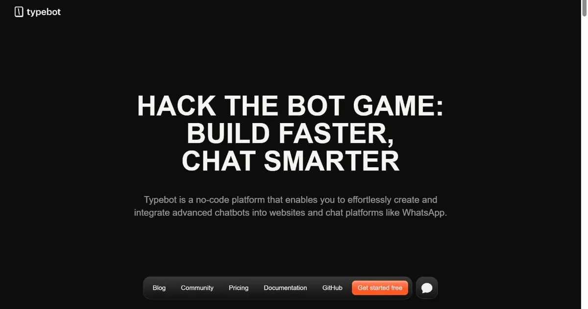 Typebot no-code chatbot builder homepage for visual conversation flows