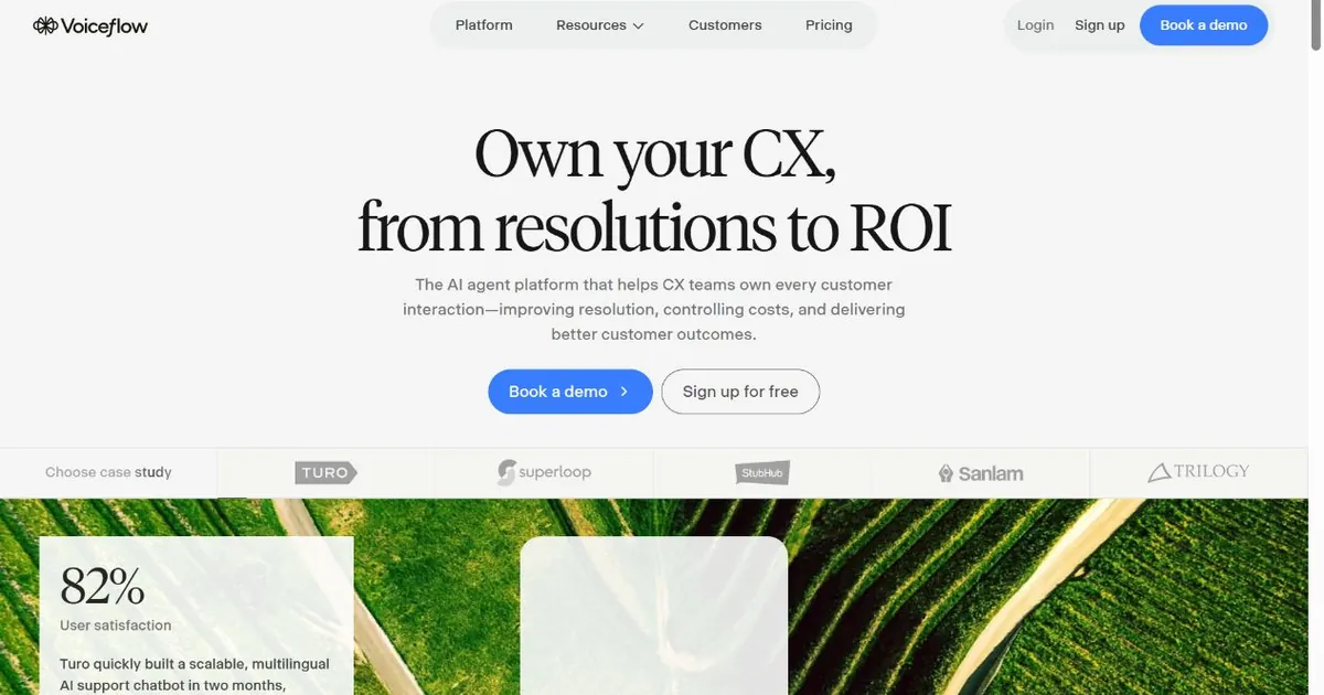 Voiceflow AI agent platform homepage for chat and voice experiences
