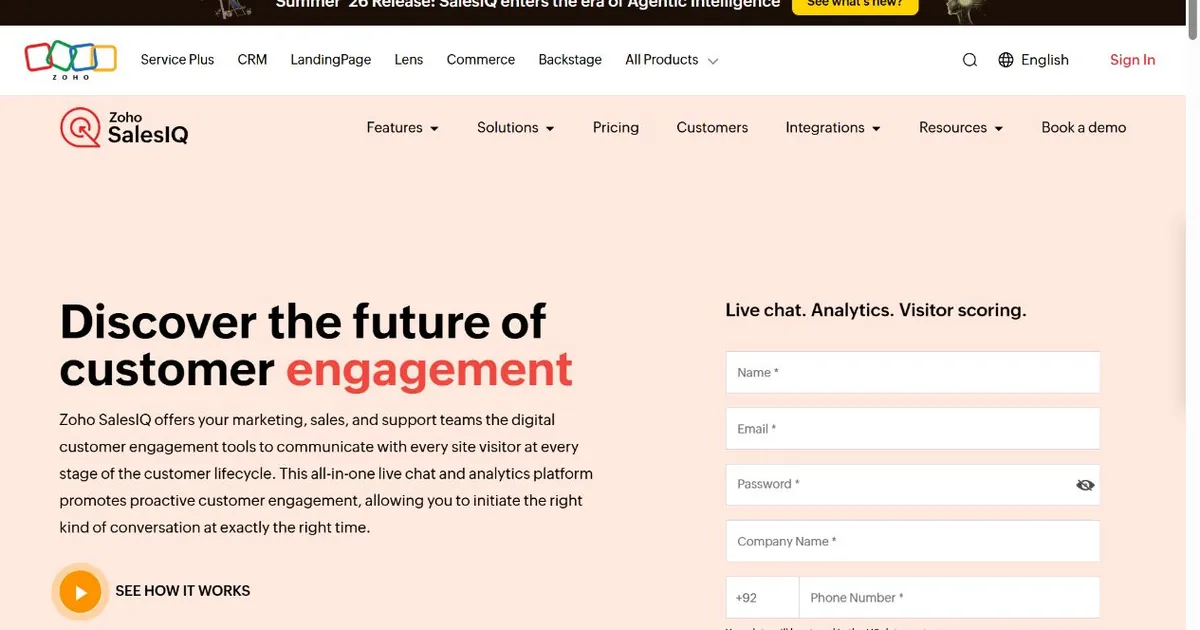 Zoho SalesIQ homepage showing lead capture and visitor engagement
