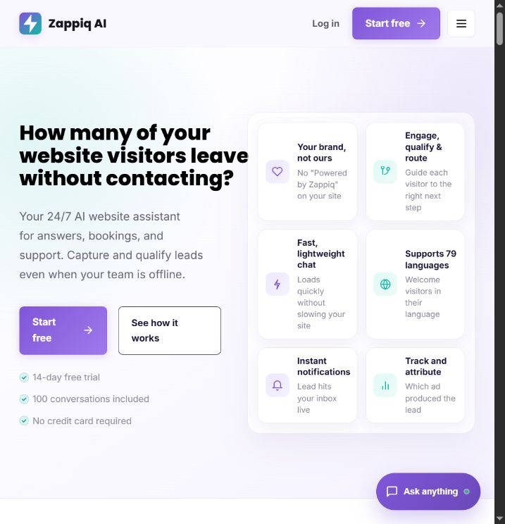 Zappiq AI homepage hero showing its website chatbot and no Powered By badge claim