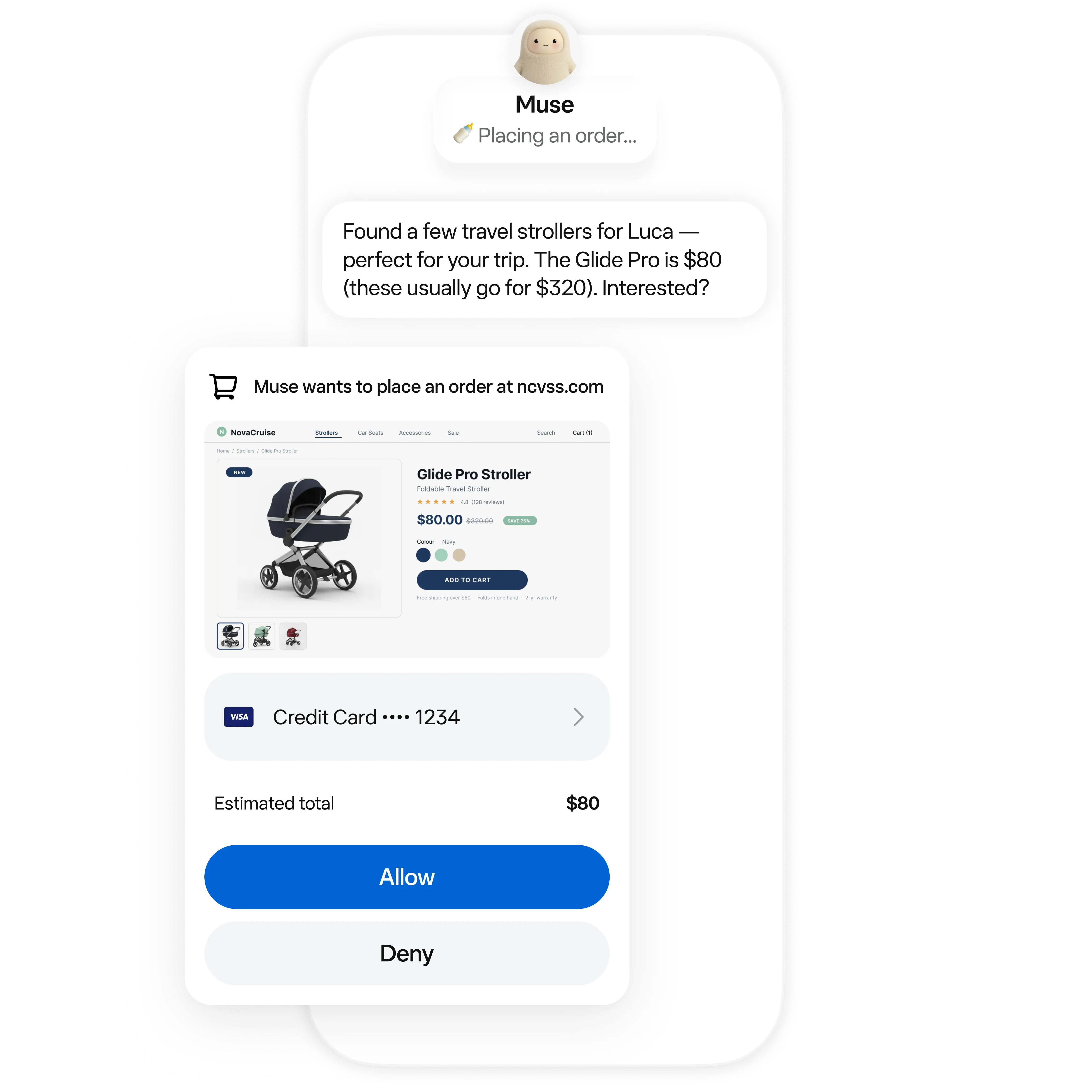 Official Meta Muse visual showing purchase, message and permission approval controls with an activity history