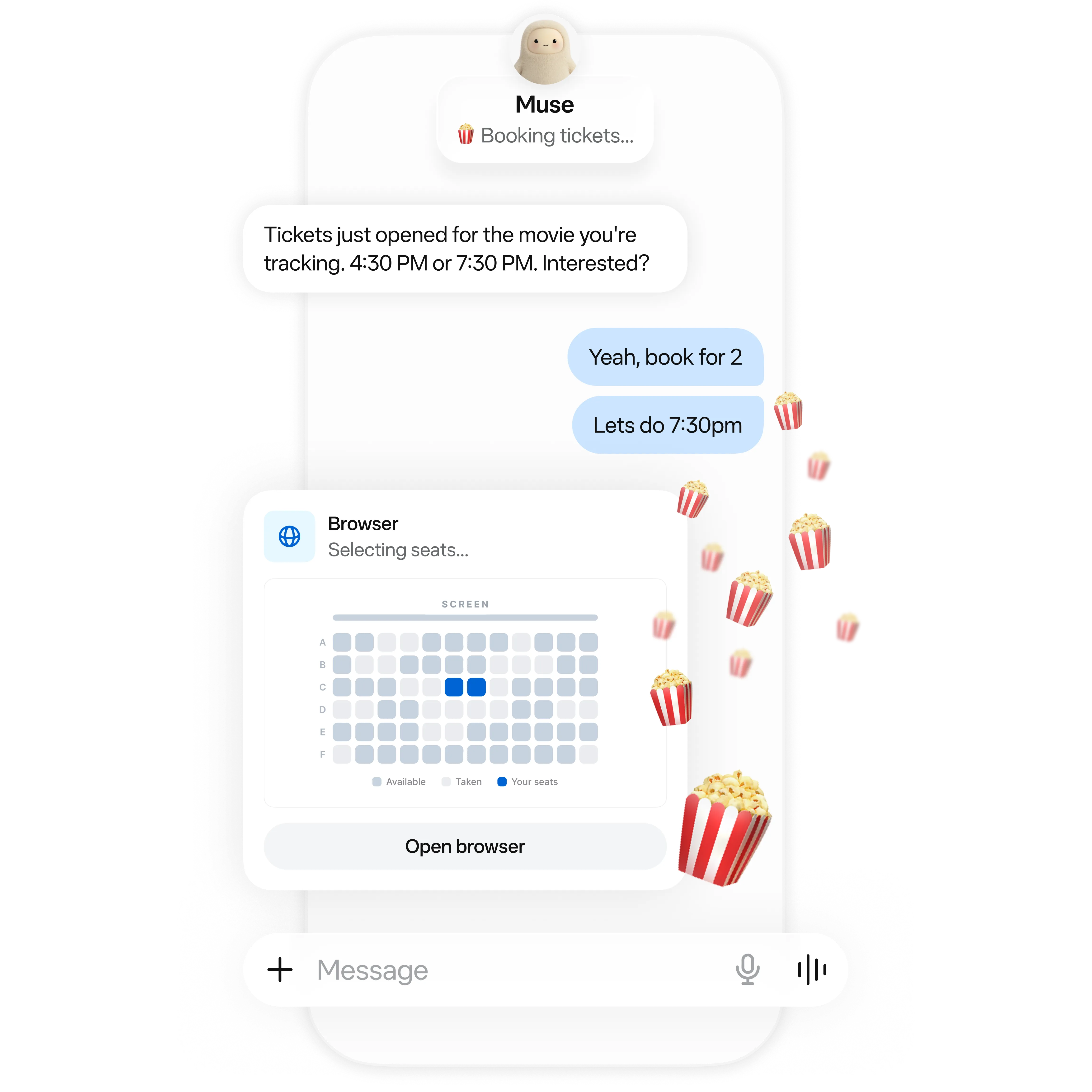 Official Meta Muse visual showing a browser-based Secure VM with search, maps, calendar and approval panels