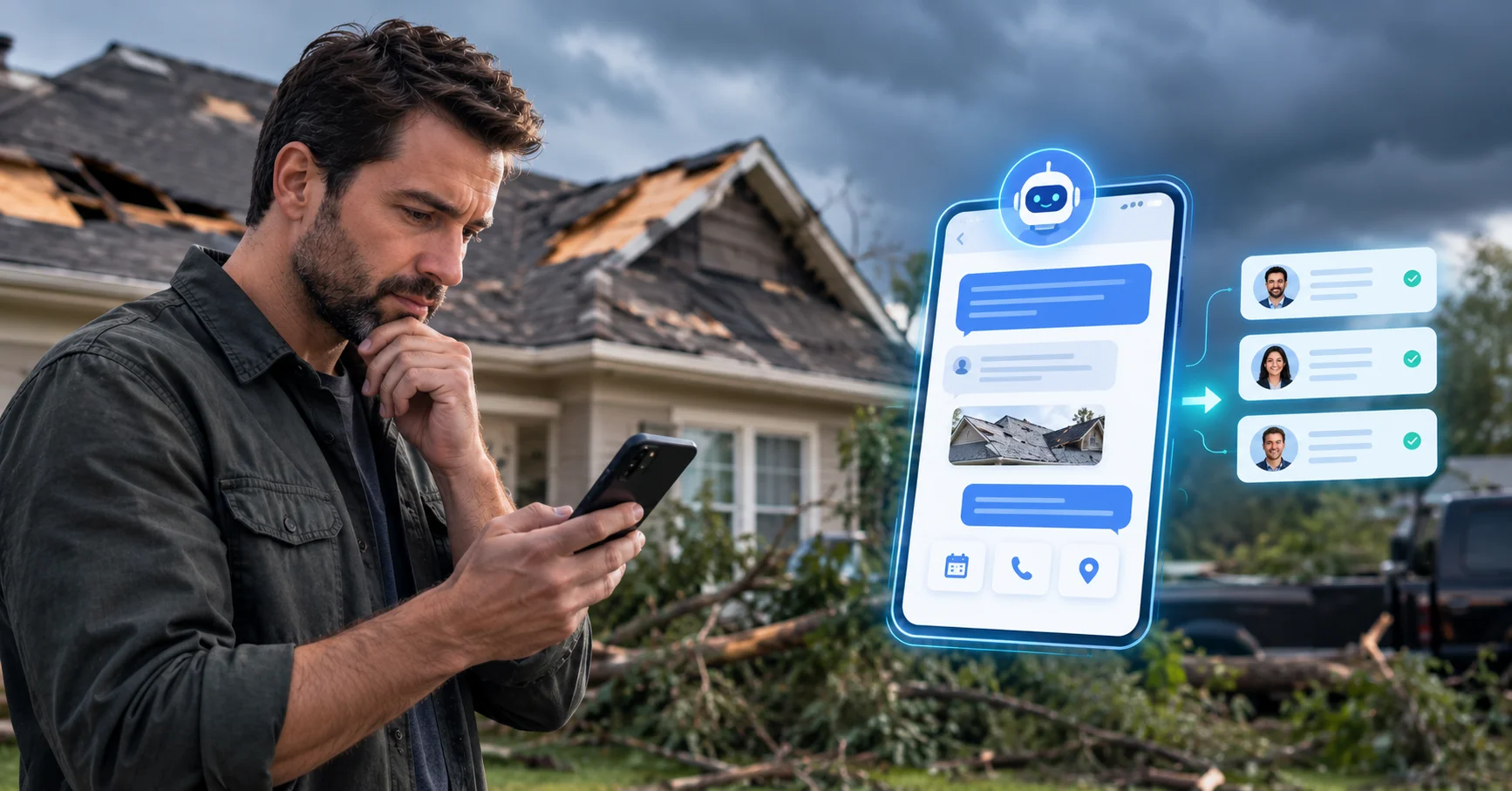 Roofing storm damage leads chatbot capturing after-hours hail and wind damage leads